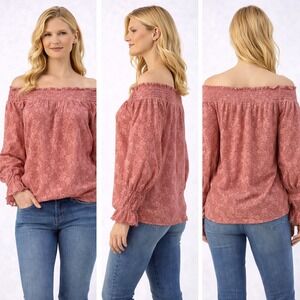 Free People Rose Pink Floral Lace Off The Shoulder Smocked Long Sleeve Top M
